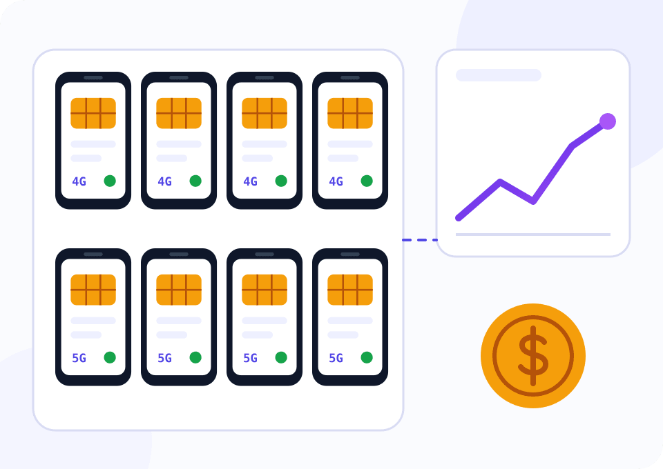 Схема: стойка из восьми телефонов с SIM-картами, рядом график дохода и монета